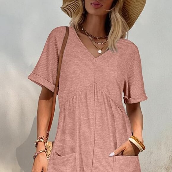 Womens Summer Short Sleeve V Neck High Waist Zipper Romper with Pockets